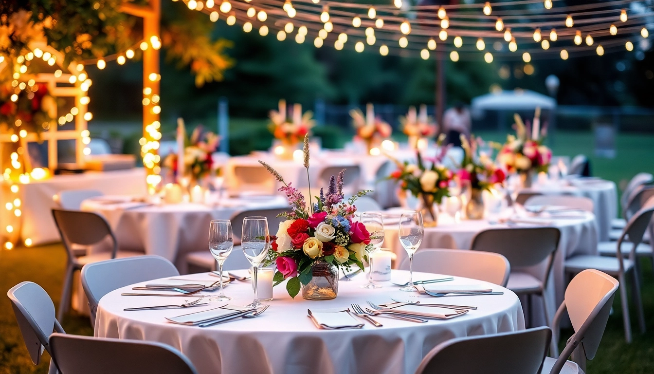 Catering-Setup für eine elegante Veranstaltung mit Tischen voller Köstlichkeiten und floralen Akzenten.