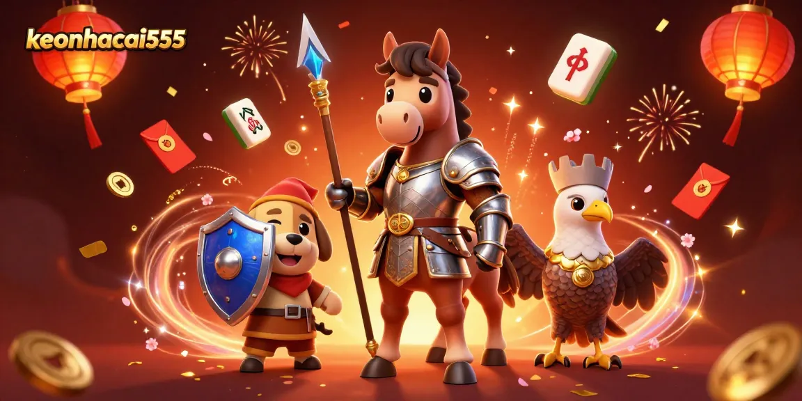 Experience excitement at keonhacai555 with festive 3D casino-themed illustration and playful characters.