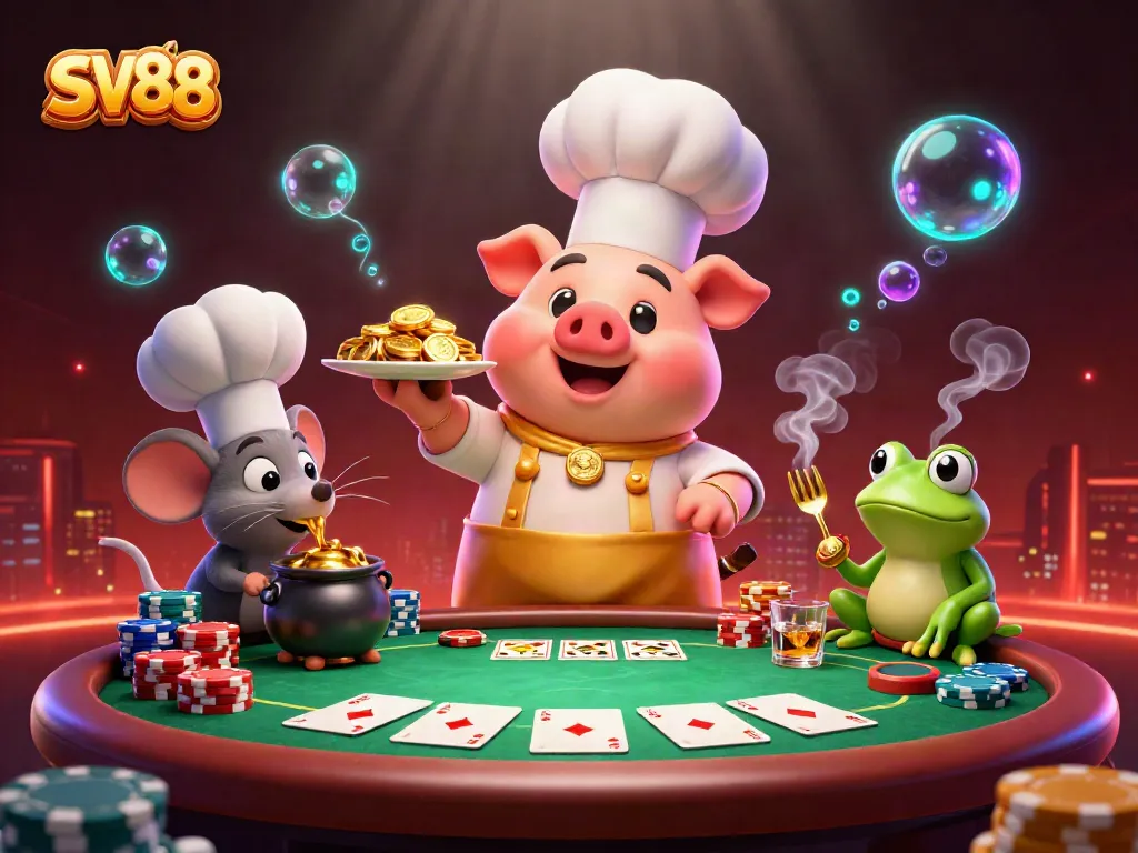 Experience the excitement of SV88's gaming world with cartoon characters celebrating wins and poker action.