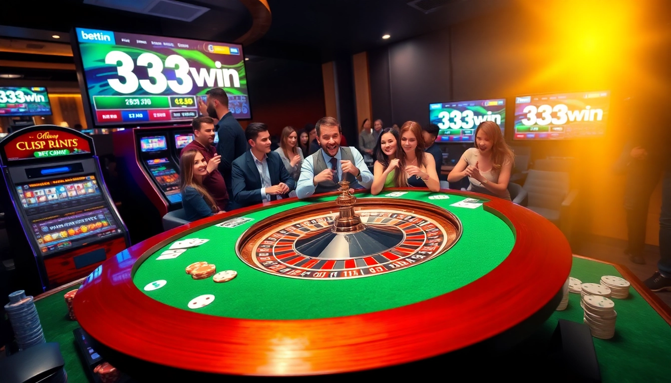 Exciting casino environment showcasing 33win with roulette, slot machines, and players betting.