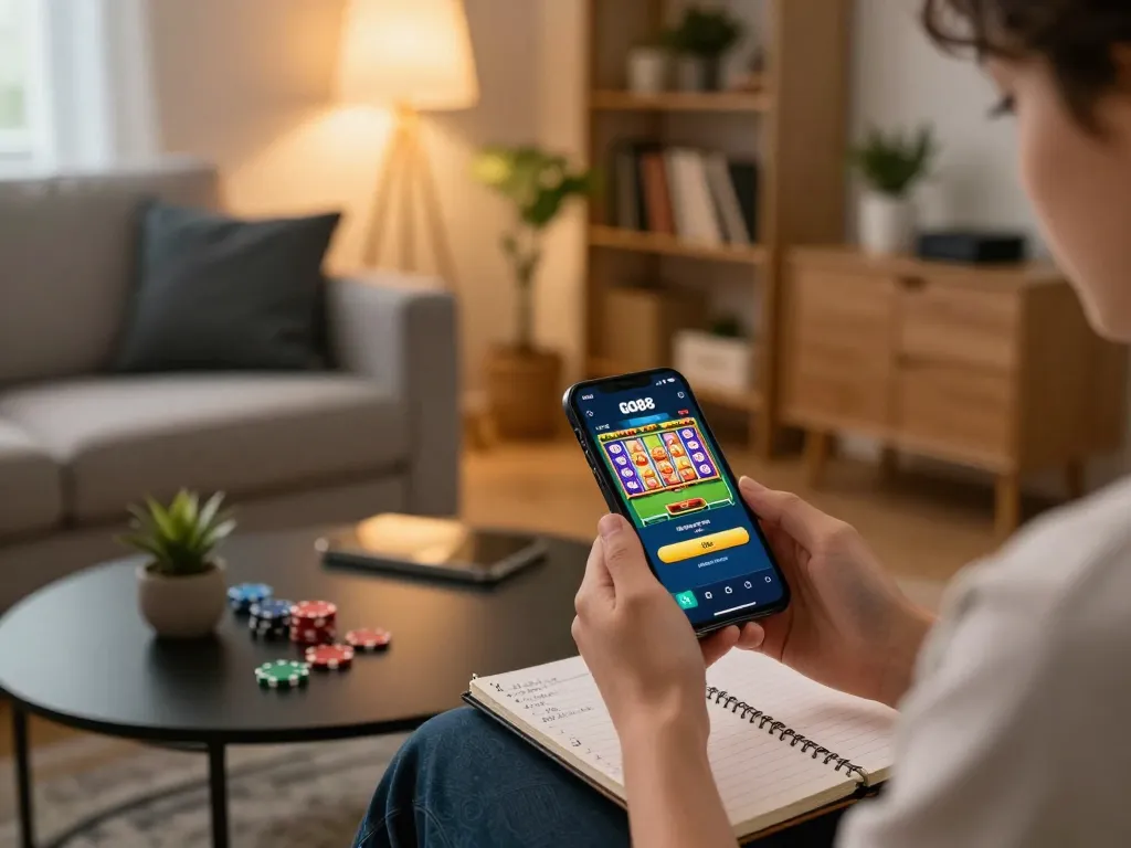 Engaging in GO88 mobile app gameplay at home, showcasing a cozy atmosphere with gaming accessories.