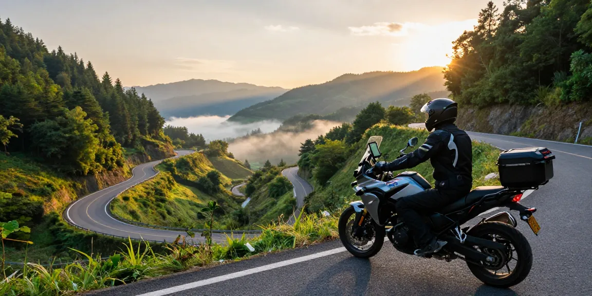 kurvenreiche Motorradtouren planen mit einem Motorradfahrer, der atemberaubende Bergstraßen bei Sonnenaufgang genießt, umgeben von der Natur.