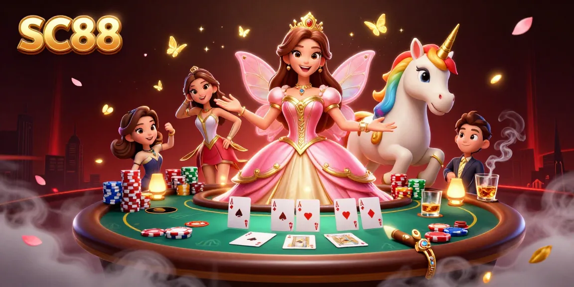 Engage in the thrilling world of SC88 with a vibrant poker scene featuring a glamorous dealer.