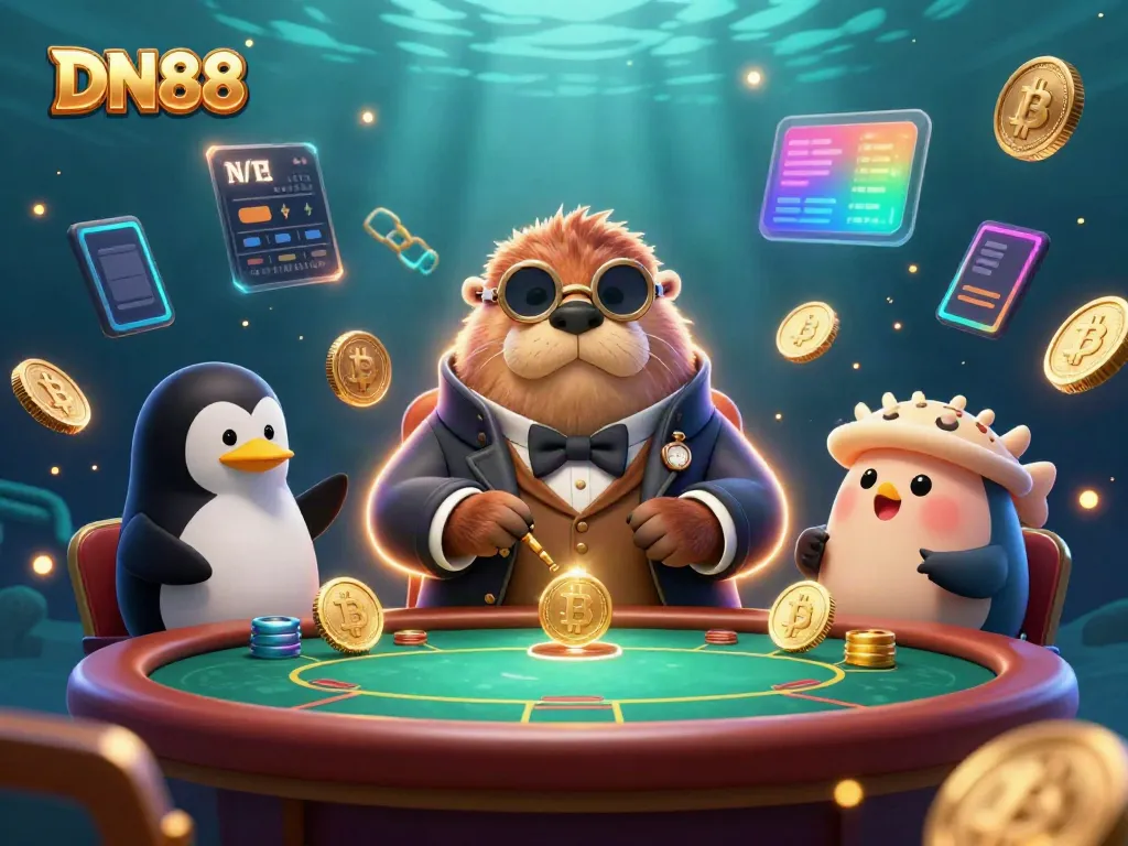 Join the underwater poker game at DN88 with jolly walrus and sophisticated dealer in a vibrant casino setting.