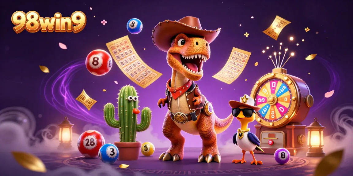 Experience the excitement of gambling with 98win9 as a cowboy dinosaur and friends celebrate winning lottery balls and prizes!