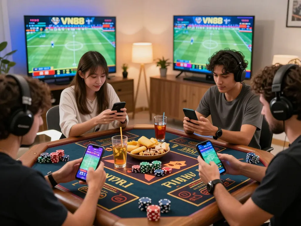 Players excitedly engaging with VN88's online betting platform in a lively home environment.