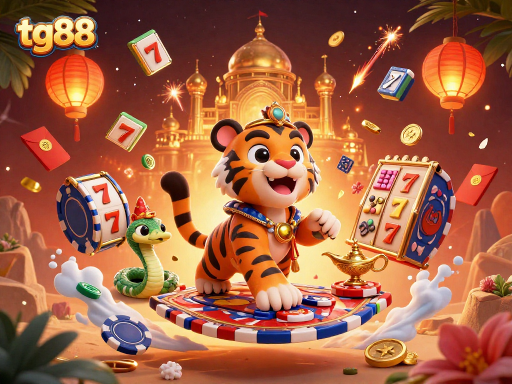 Spin to win at tg88 with vibrant 3D casino themed illustration featuring a tiger sultan and jackpot reels.