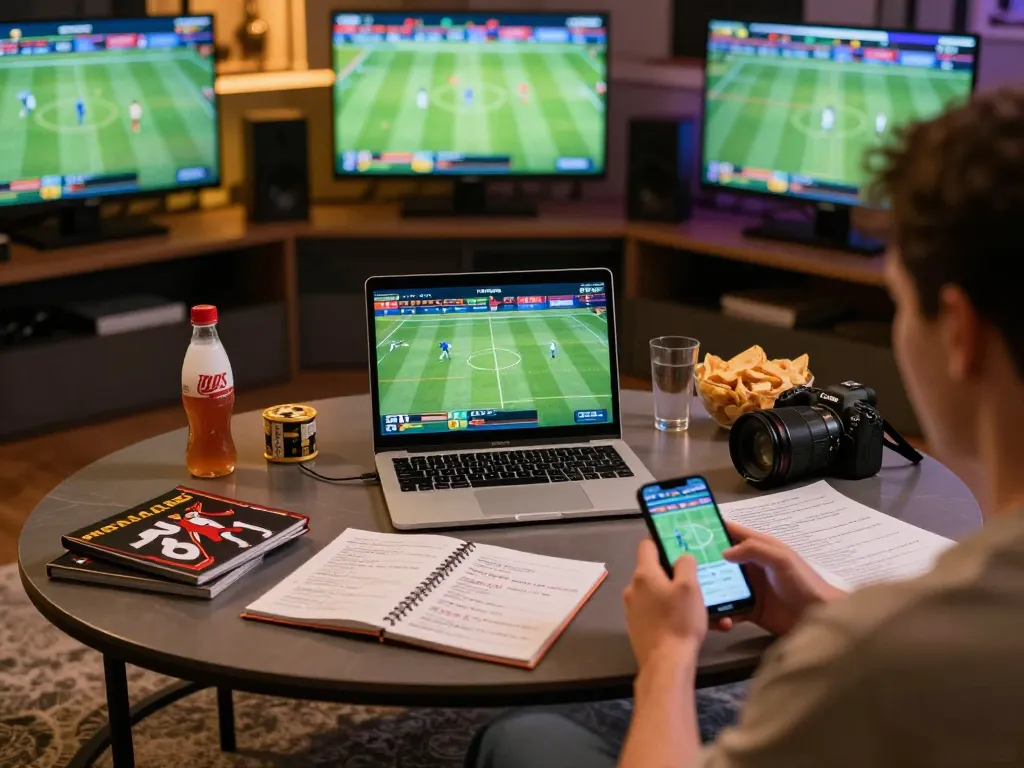 Engaging scene showcasing online sports betting on 79KING with laptop, smartphone, and enthusiastic atmosphere.