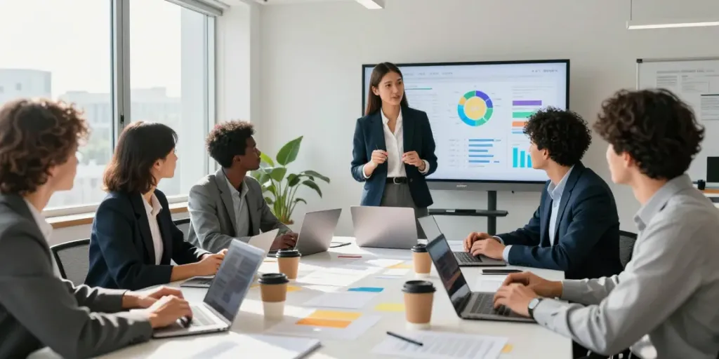 SEO Agentur in Osnabrück, Experten diskutieren Strategien in modernem Büro.