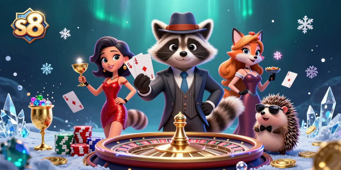 S8 casino scene featuring raccoon, fox, and hedgehog in a vibrant gaming atmosphere with poker elements.