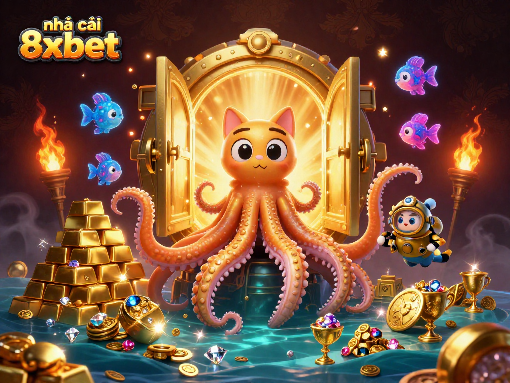 Engage with nhà cái 8xbet through thrilling betting adventures featuring a colossal kraken and a diving cat.