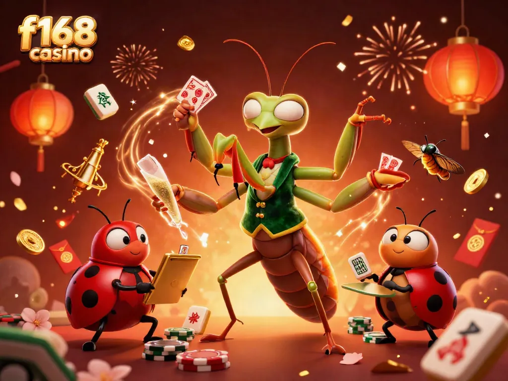 Experience the excitement of f168 casino with a vibrant scene of a giant mantis card sharp and ladybug pit boss amidst festive elements.
