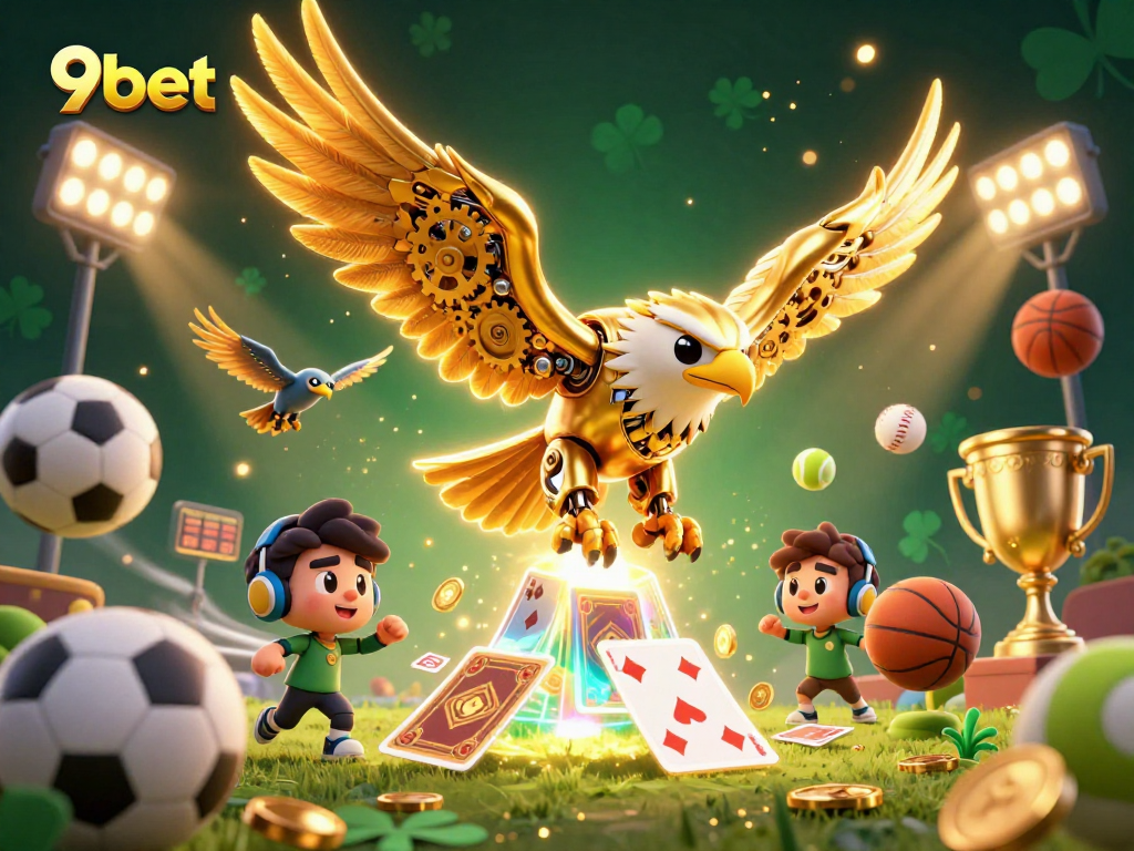 Experience thrilling action with 9bet as a golden eagle dives through holographic cards amid dynamic sports elements.