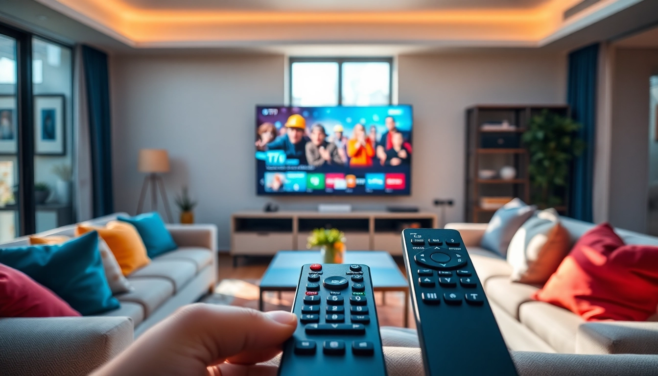Iptv Kaufen und genießen in modernem Wohnzimmer mit großem Bildschirm.