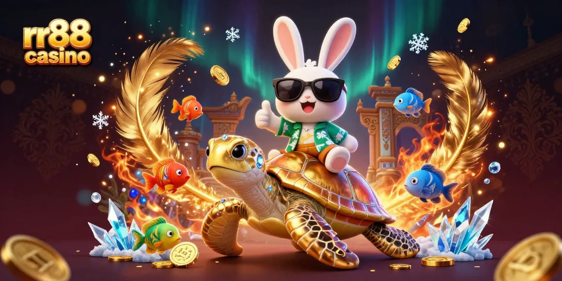 Engage in exciting gameplay at rr88 casino with a lucky rabbit and golden turtle in vibrant 3D scene.