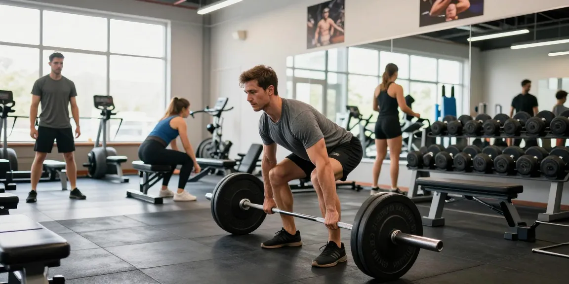 Anabolika Shop Deutschland zeigt einen athletischen Mann beim Kreuzheben in einem lebhaften Fitnessstudio, das Engagement und ein professionelles Fitnessumfeld präsentiert.