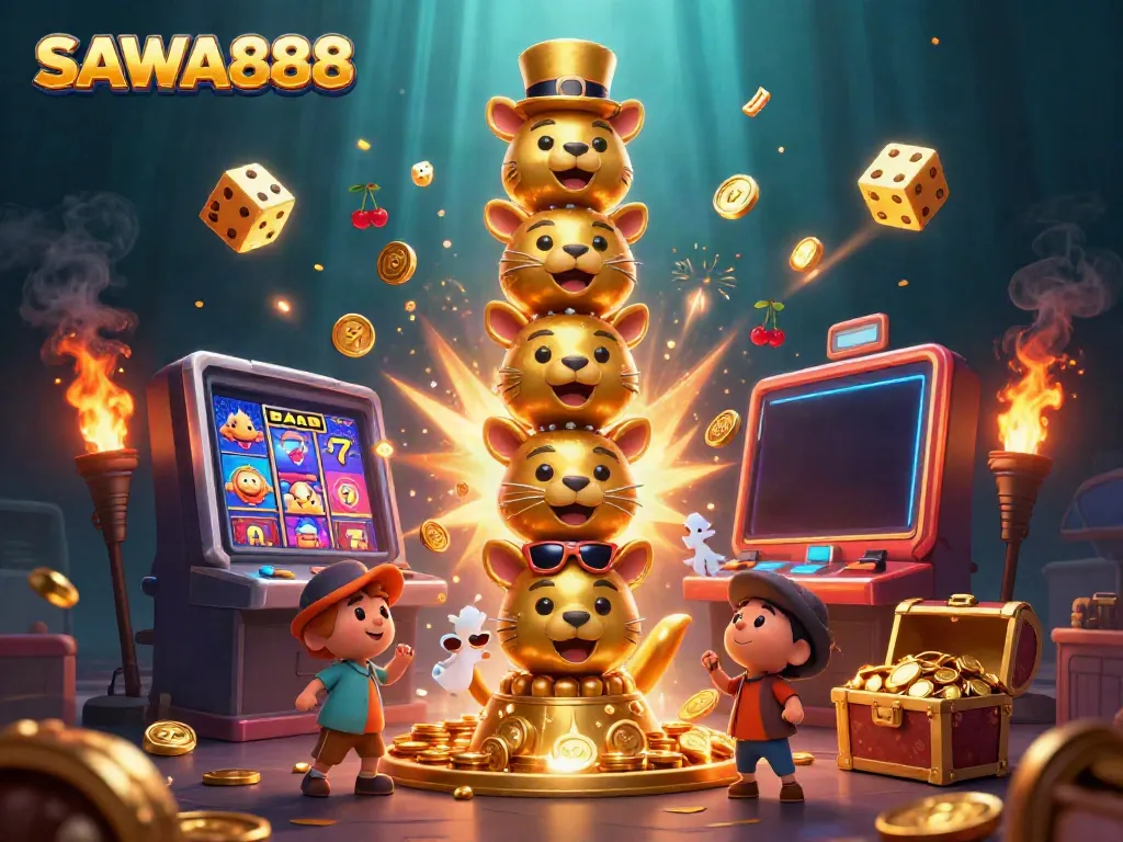 Play slots with SAWA888 featuring an energetic totem and dynamic casino elements.