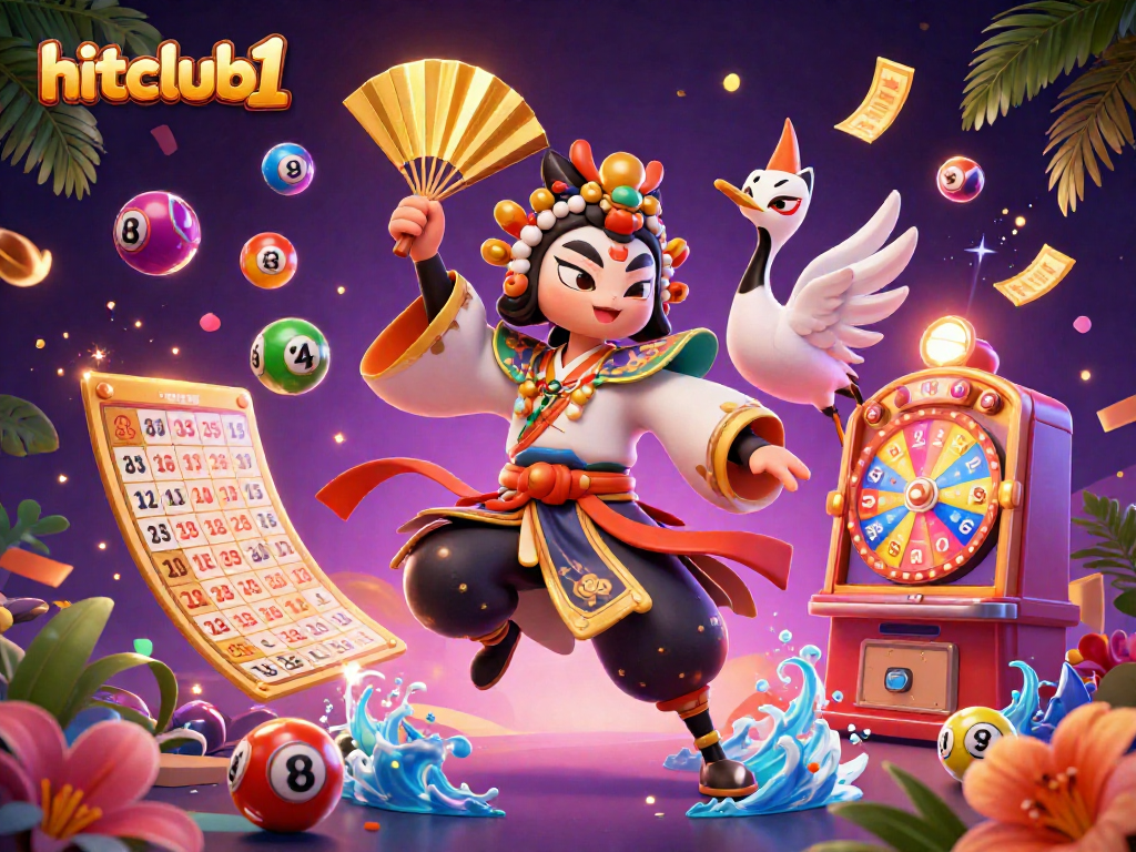 Engage with hitclub1's festive lottery scene featuring kabuki warriors and dynamic casino elements.