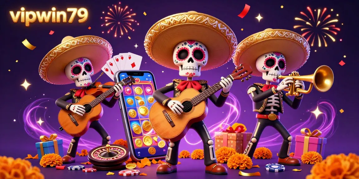 Experience thrilling gameplay at vipwin79 with a dynamic 3D illustration of a mariachi band amidst casino elements.