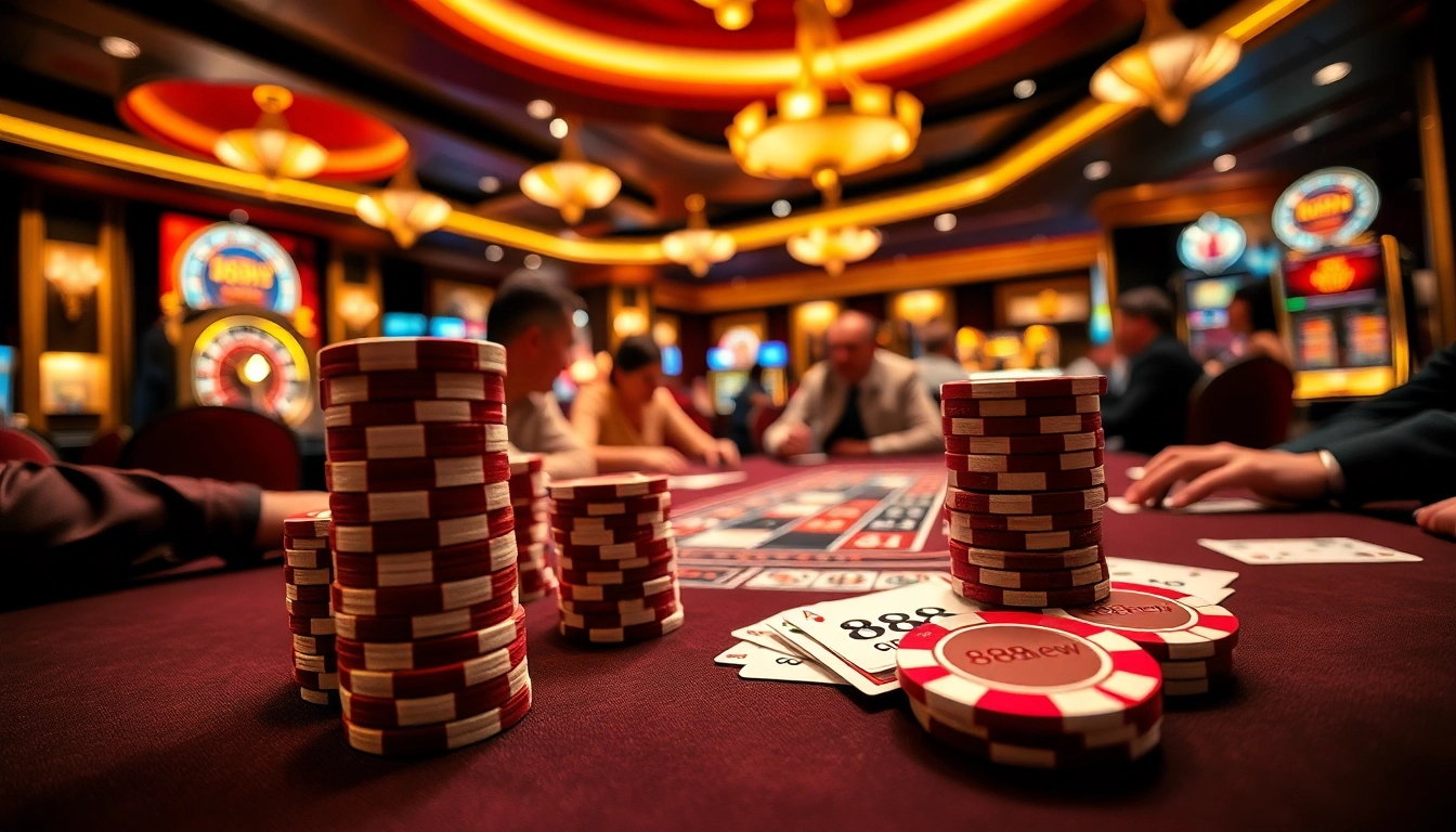 Players strategizing at a poker table in a luxurious casino environment showcasing 888new.
