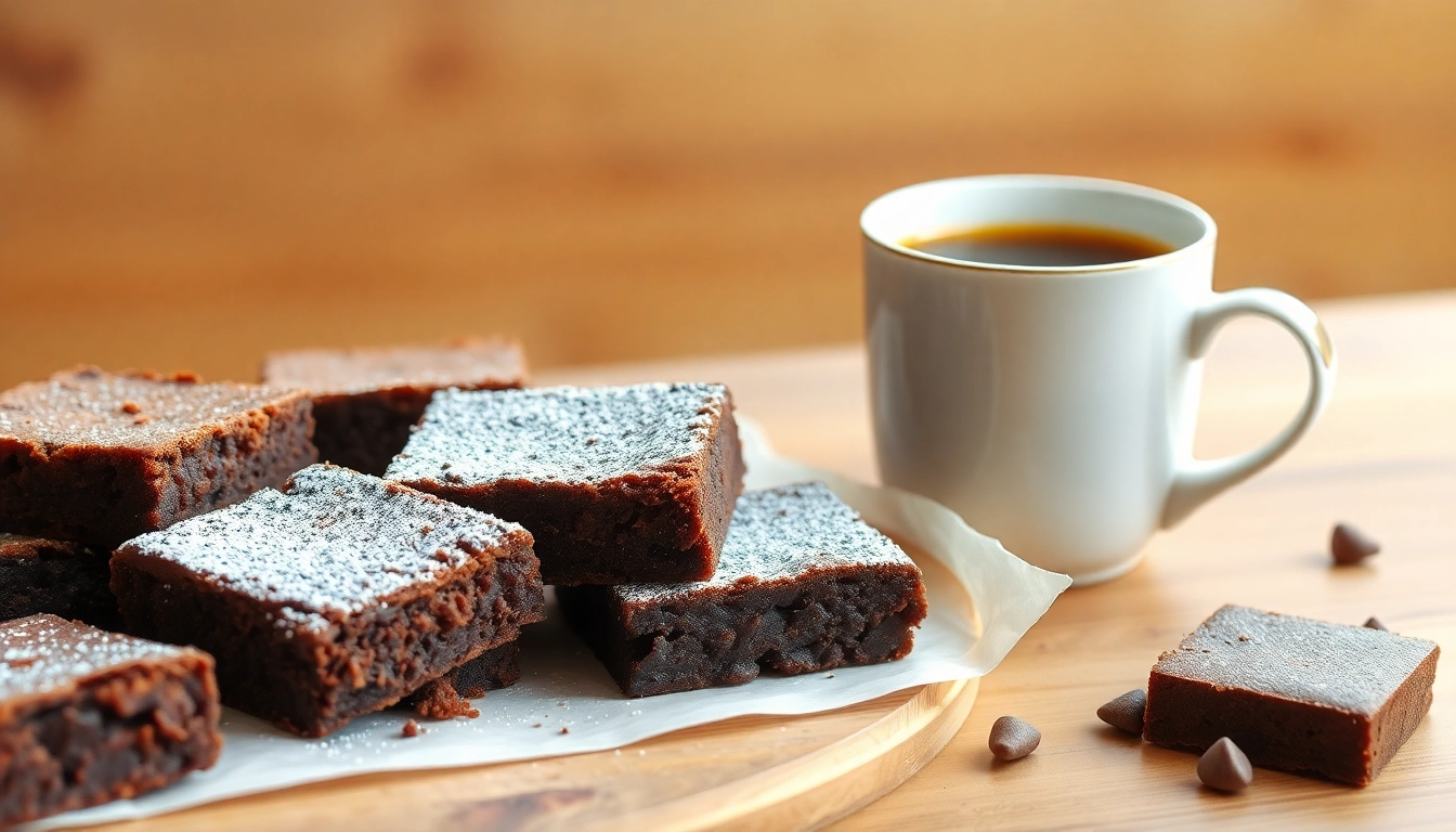 Leckere Haschbrownies präsentiert auf einem rustikalen Tisch mit einem starken Aroma von Schokolade.