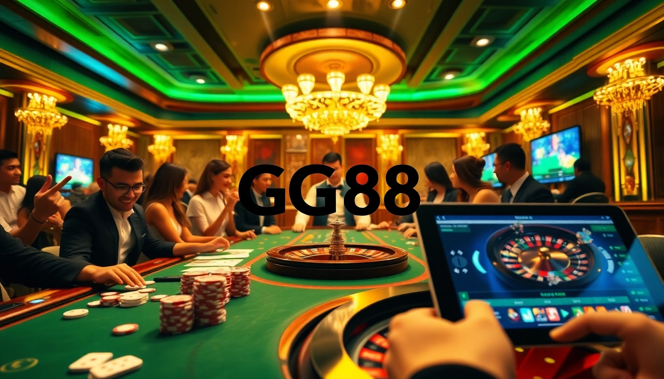 Dynamic casino scene showcasing GG88 media logo with engaging gameplay, warm lighting, poker chips, and roulette wheel.