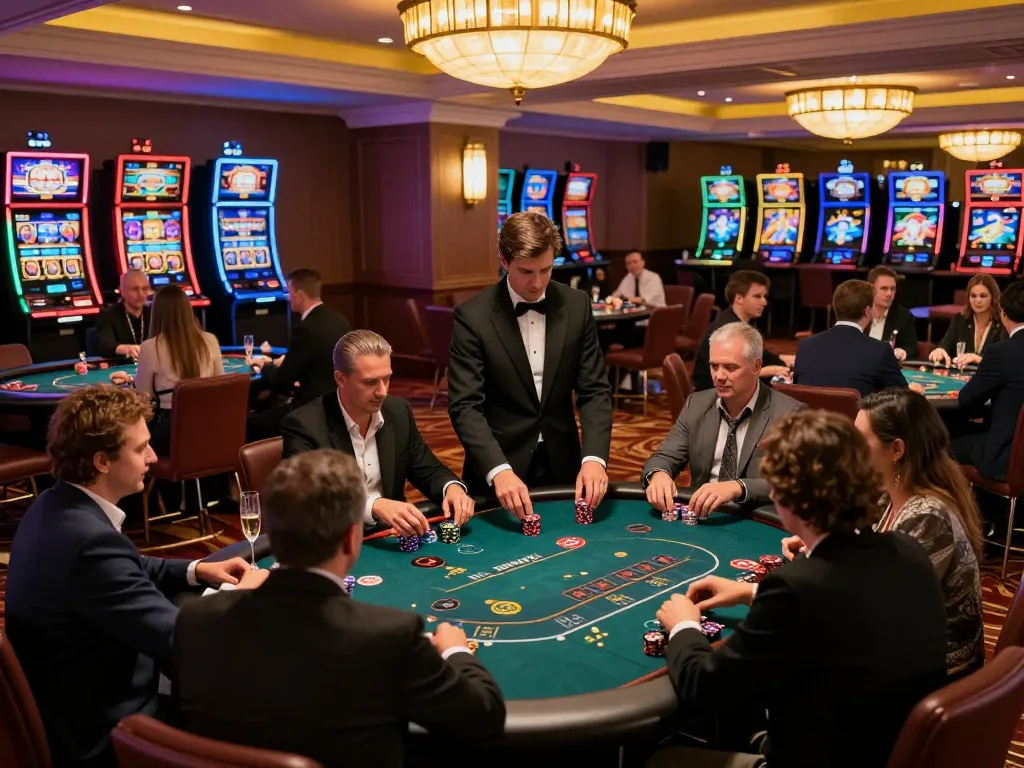 Players enjoying an exciting poker game at LLWIN casino, vibrant atmosphere, high stakes.