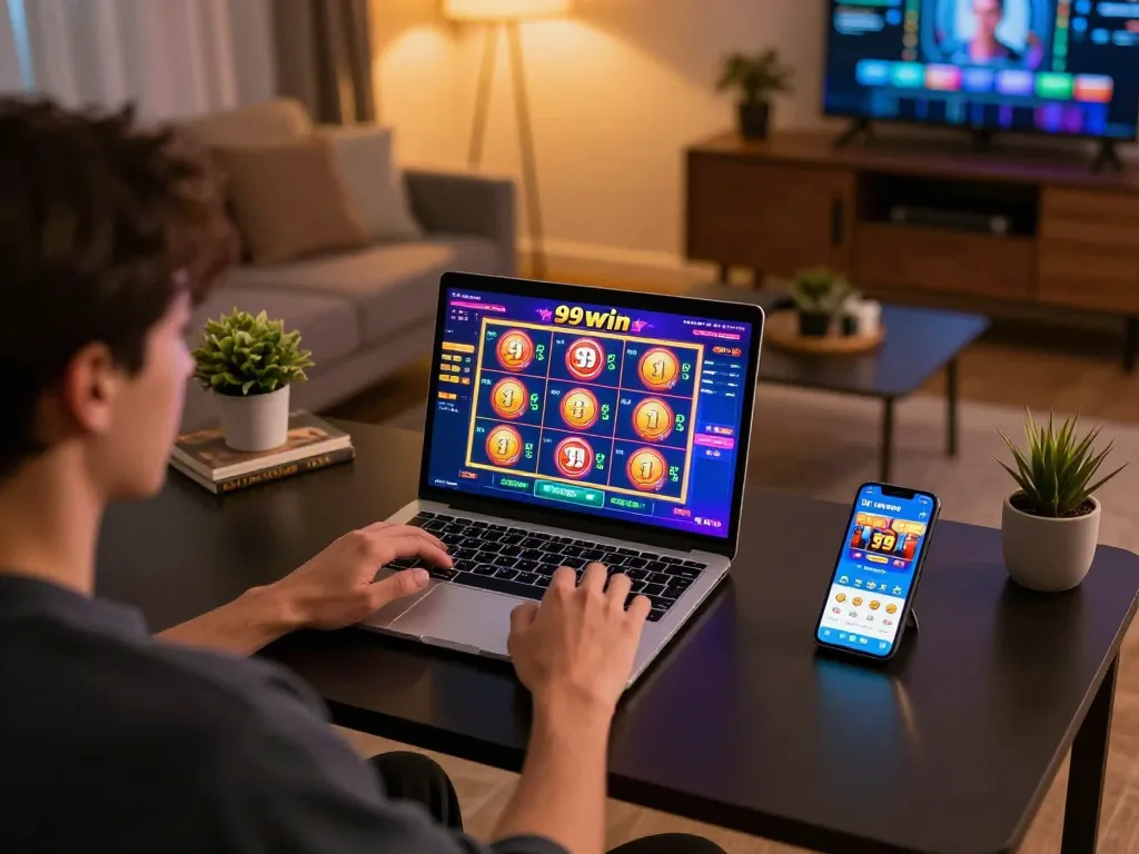 Playing slot games at 99win online casino on a cozy home setup, capturing engaging gameplay.