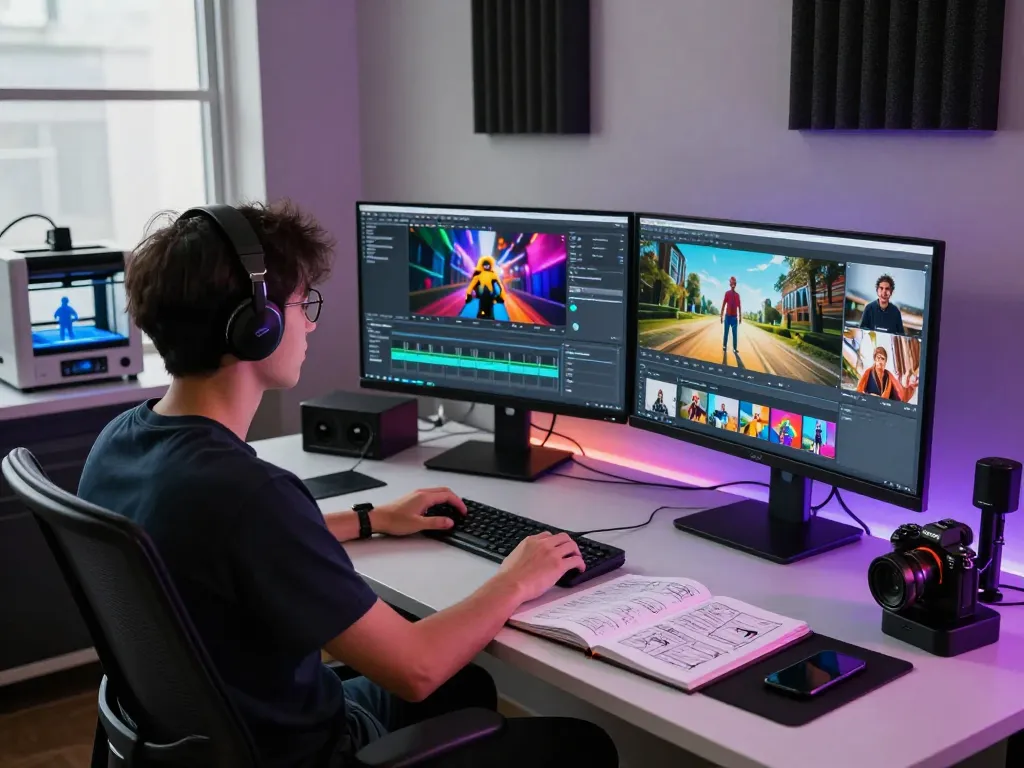 Digital artist using motion AI for video creation in a modern studio