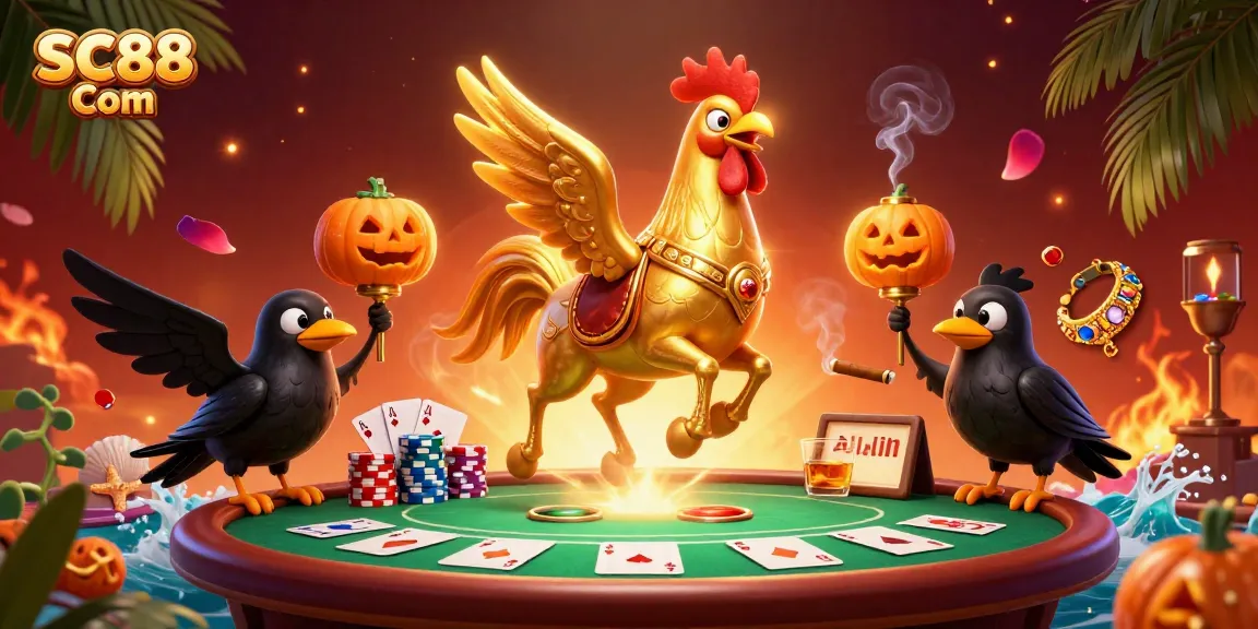 Celebrate wins at SC88 Com, featuring a vibrant casino scene filled with dynamic poker elements and fantasy characters.
