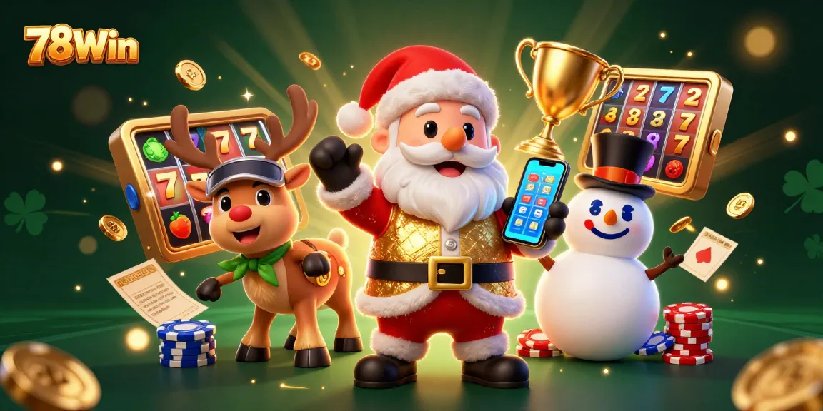Experience the excitement of 78Win with Santa and friends amidst vibrant slot reels and festive decorations.
