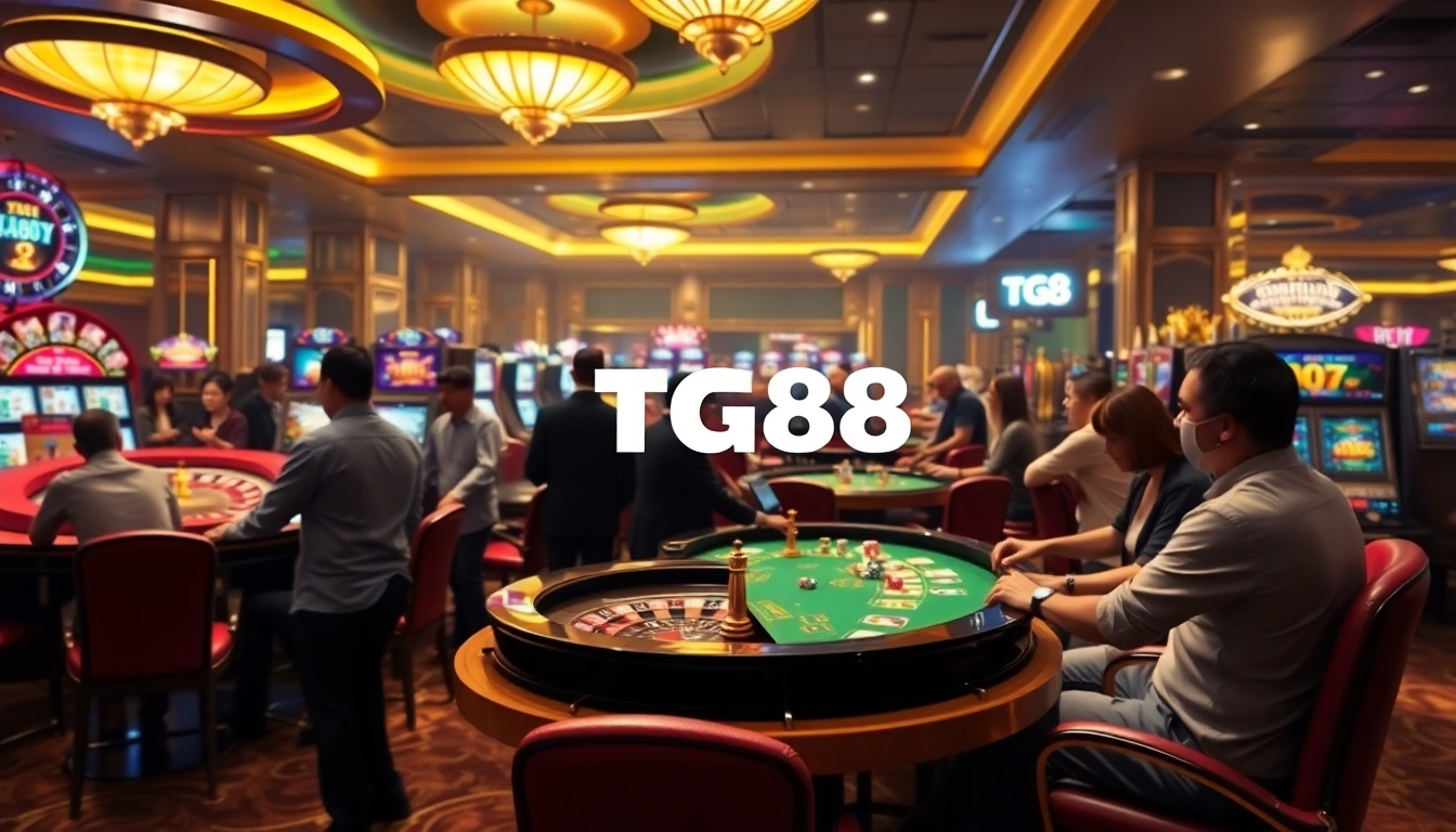 Experience the thrill of gambling at TG88 casino with players engaged in exciting roulette and poker.