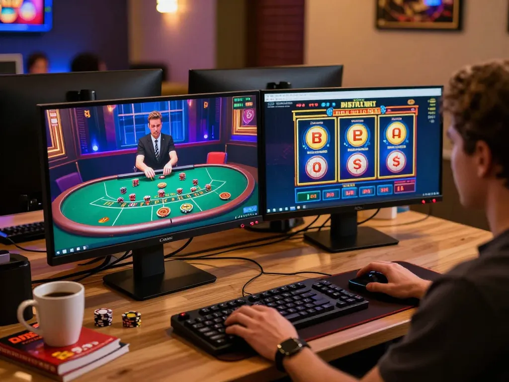 Engaging online gaming scene displaying ALO8 slot interface and live dealer blackjack, emphasizing strategic play.