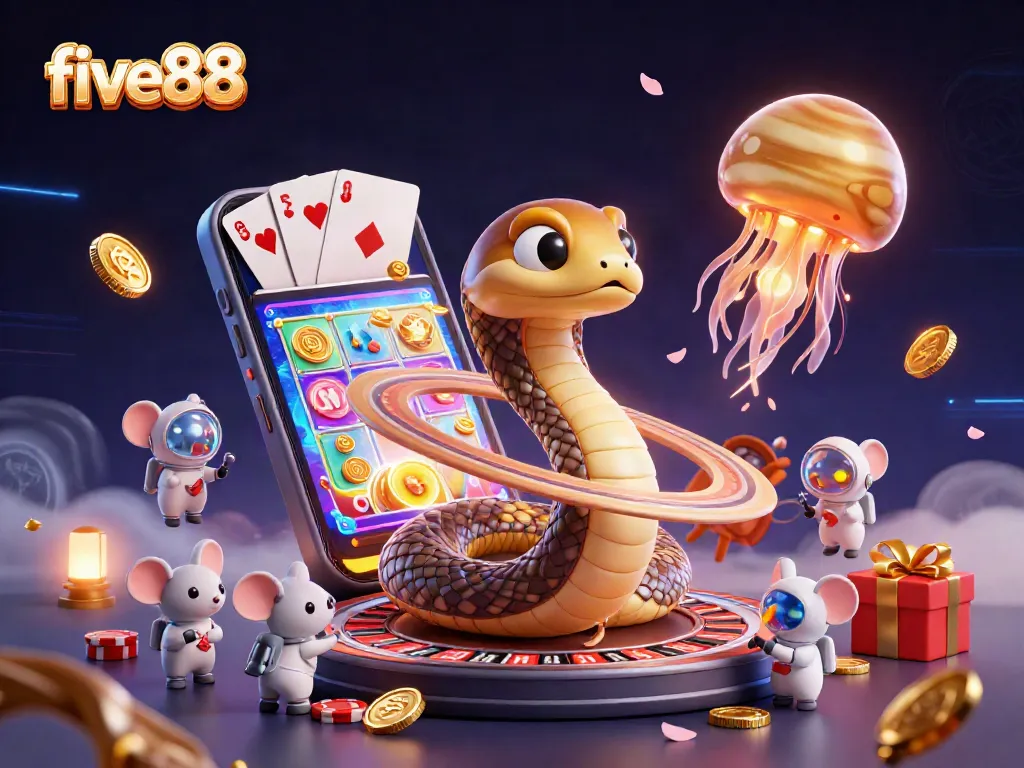 Experience thrilling bets with five88 in this vibrant 3D cosmic casino scene.