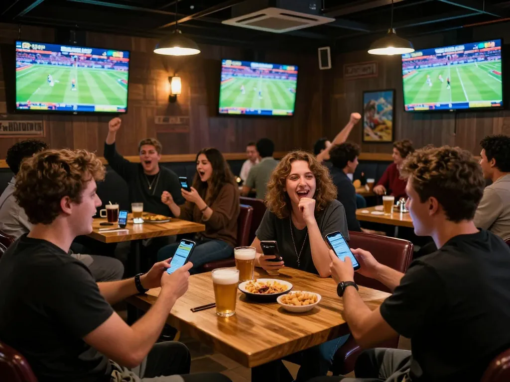 Fans engaging in thrilling sports betting at 33win, checking apps and celebrating wins in a lively bar.