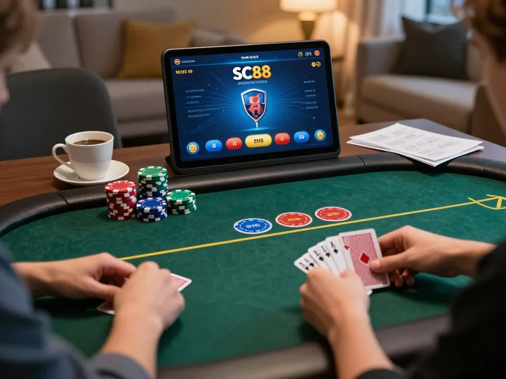 Engaging scene of SC88 online poker gameplay showcasing players strategizing their bets and cards.