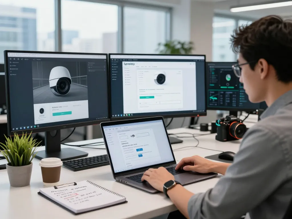 IT-Techniker verwaltet Synology Lizenz für Überwachungssysteme in einem modernen Arbeitsplatz