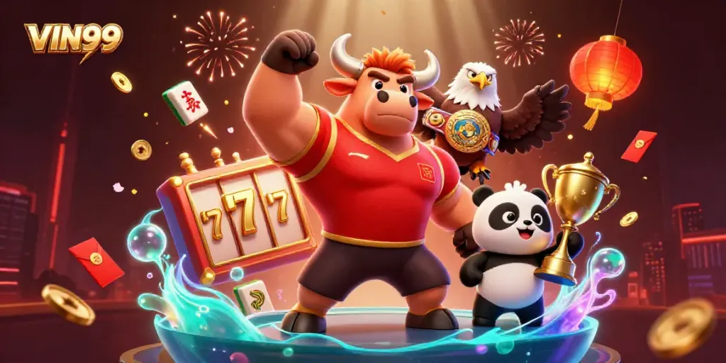Experience the thrill of gaming with VIN99's vibrant casino illustration, showcasing a celebratory bull mascot and rich gaming elements.