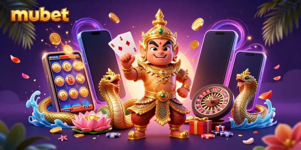 Experience the excitement with mubet's vibrant gaming scene featuring a Thai temple guardian and Naga companions.