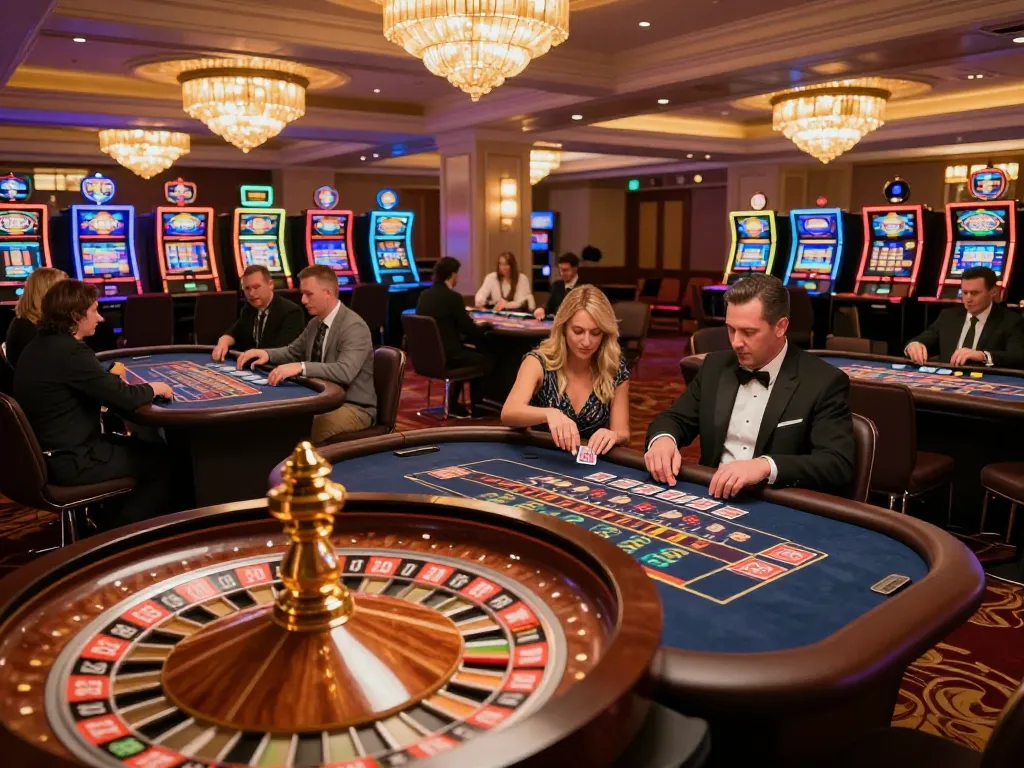 Players enjoying intense gameplay at mk8th casino table with vibrant atmosphere and spinning roulette wheel.