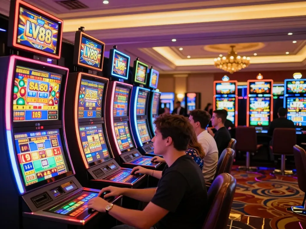 Players celebrating a win at LV88 slot machines among vibrant lights and excitement.