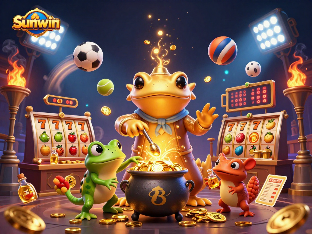 Sunwin showcases a golden salamander alchemist in a fantasy casino scene, emphasizing rich elements and dynamic action.