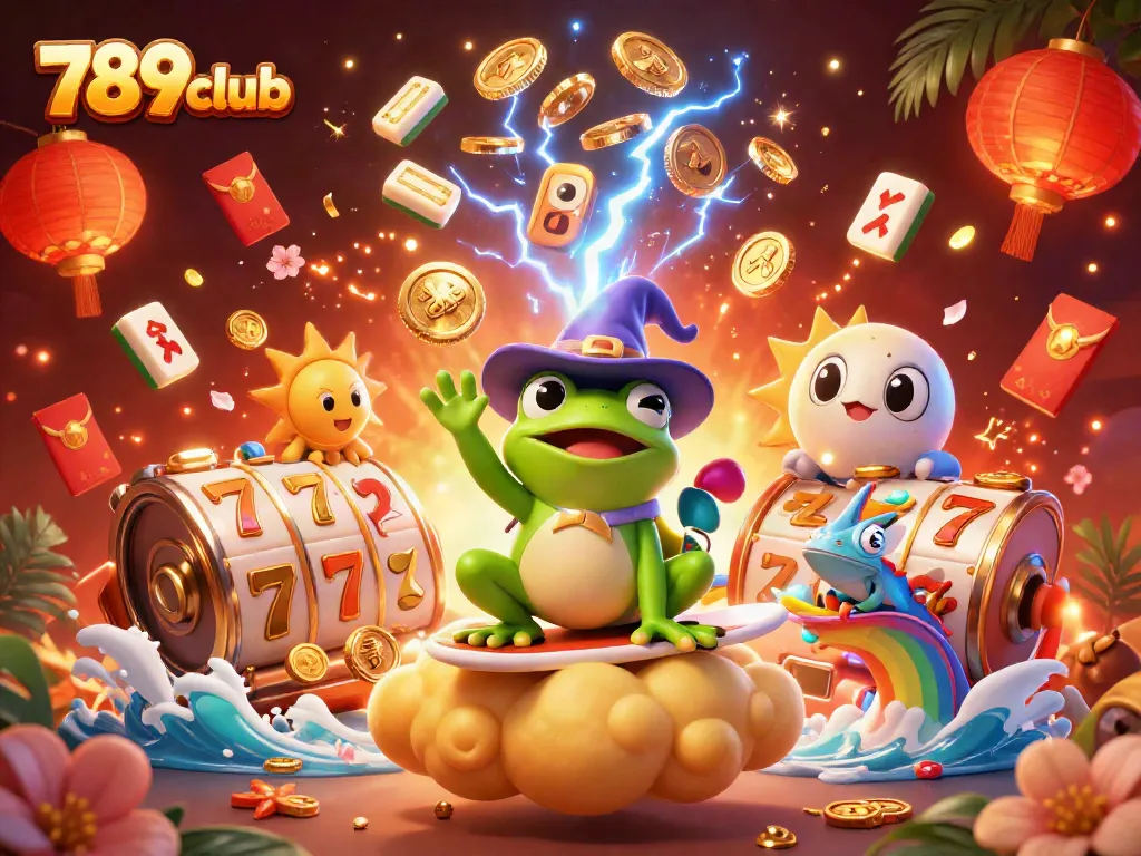 Engage with 789club's thrilling gaming experience as golden coins and slot reels fill the scene.
