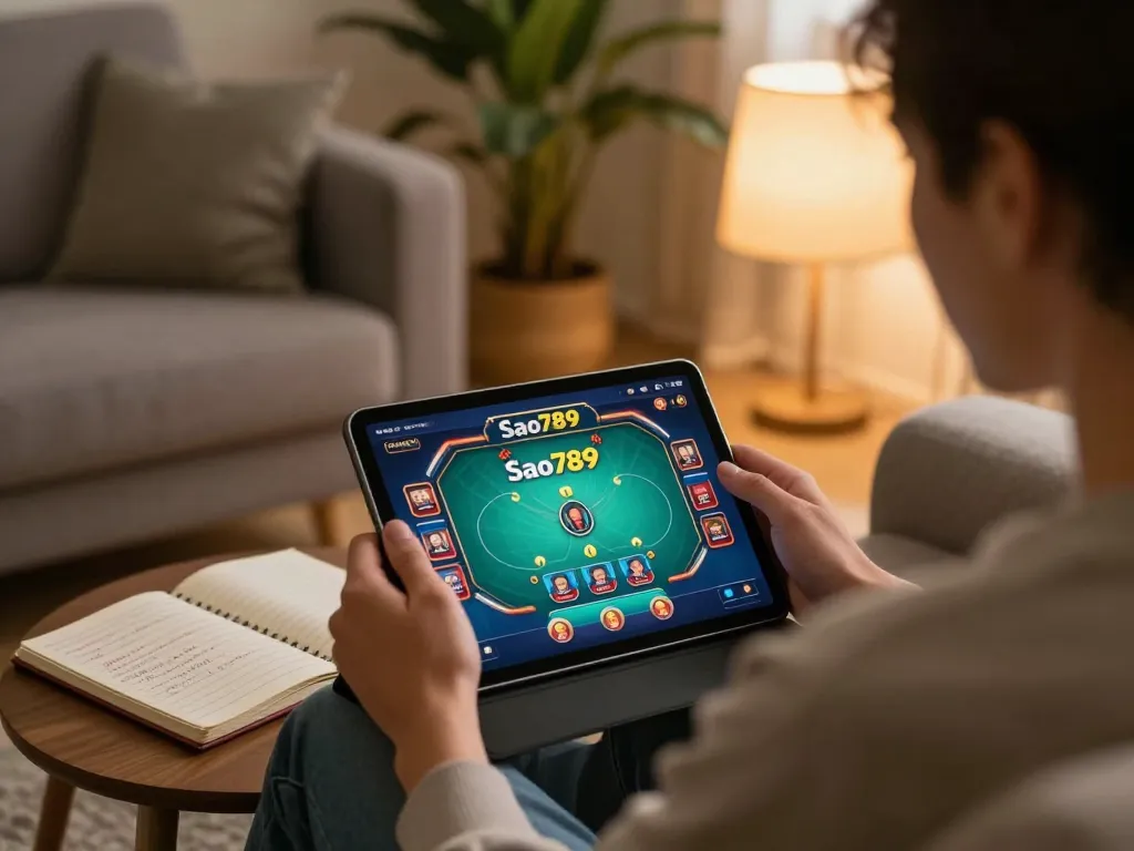 Sao789 player enjoying online poker on a tablet in a cozy home setting