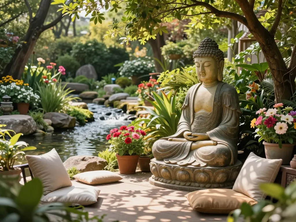 Stunning outdoor garden decoration with a Buddha deko figur surrounded by vibrant flowers and serene surroundings.