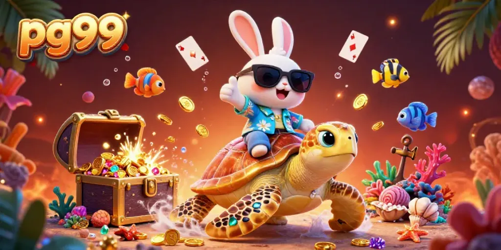 Play thrilling games at pg99 with the lucky rabbit bringing joy on a golden turtle's back.