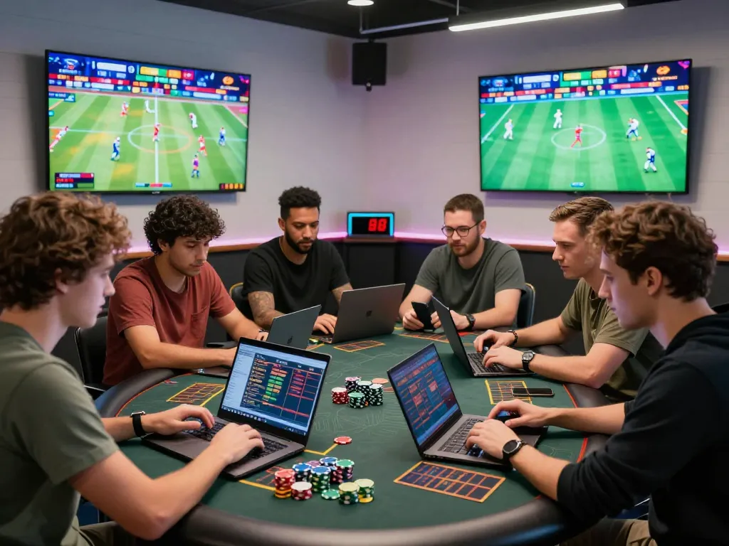 Excited group discussing zbet sports betting with laptops and chips.