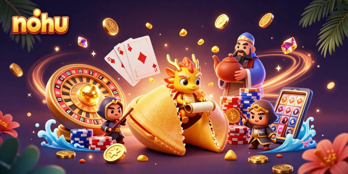 Nohu gaming illustration featuring a golden fortune cookie, wise dragon, and vibrant casino elements.