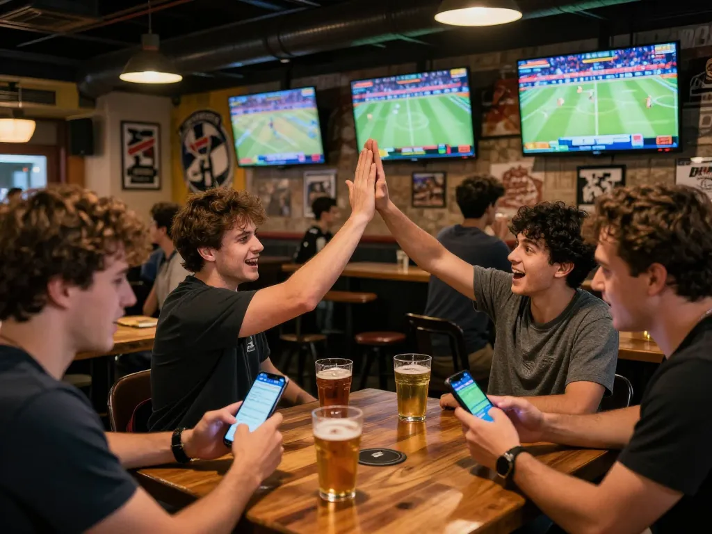 Excited patrons enjoying sports betting experience on TOPBET app during live games in a sports bar.
