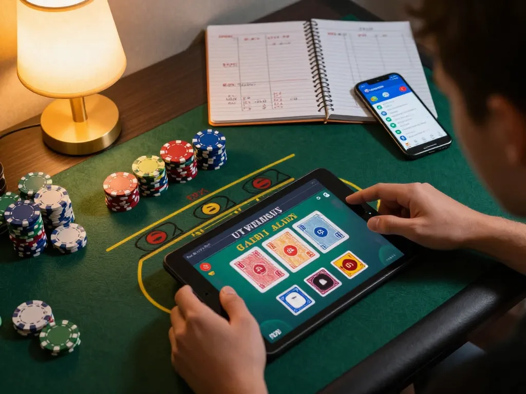 Engaged player enjoying 78winvina's online casino gaming with tablet and strategy notes.